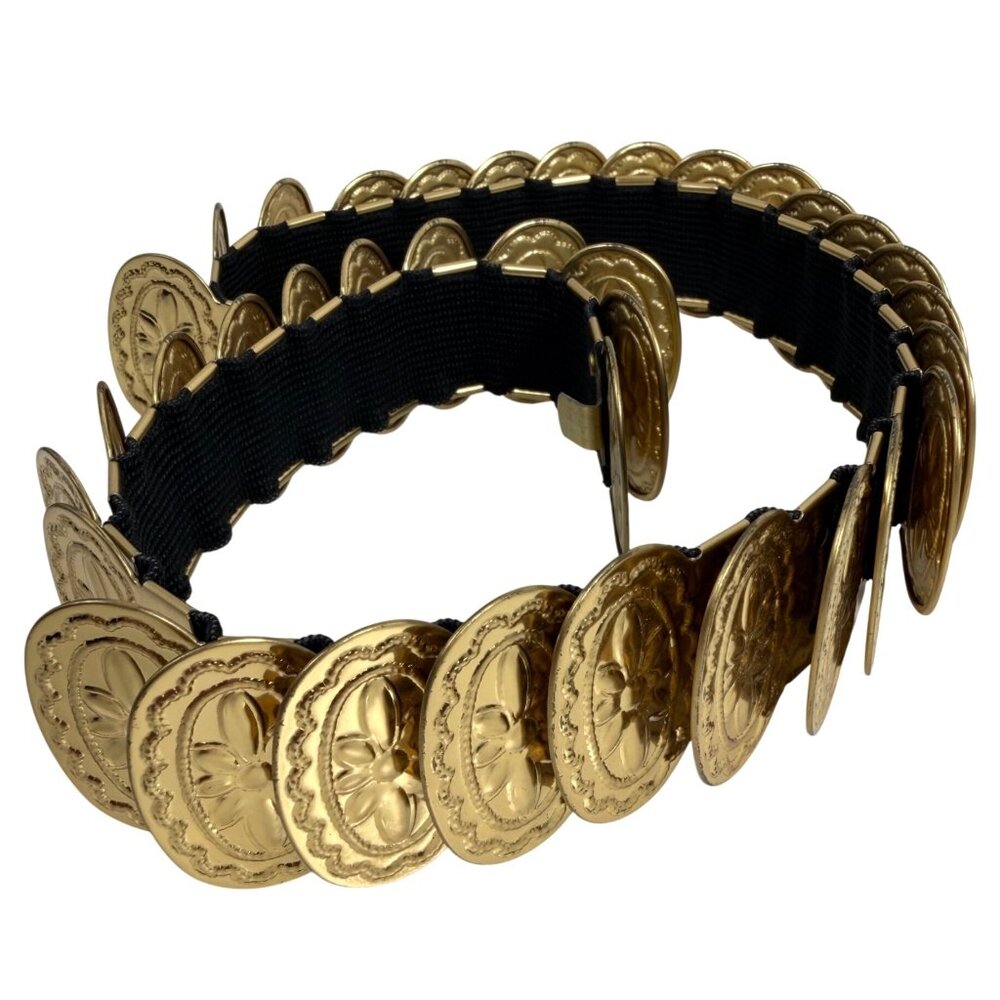 Vintage 70s Gold Tone Metal Floral Disc Coin Stretch Belt: Disco Mod Style SZ Sm